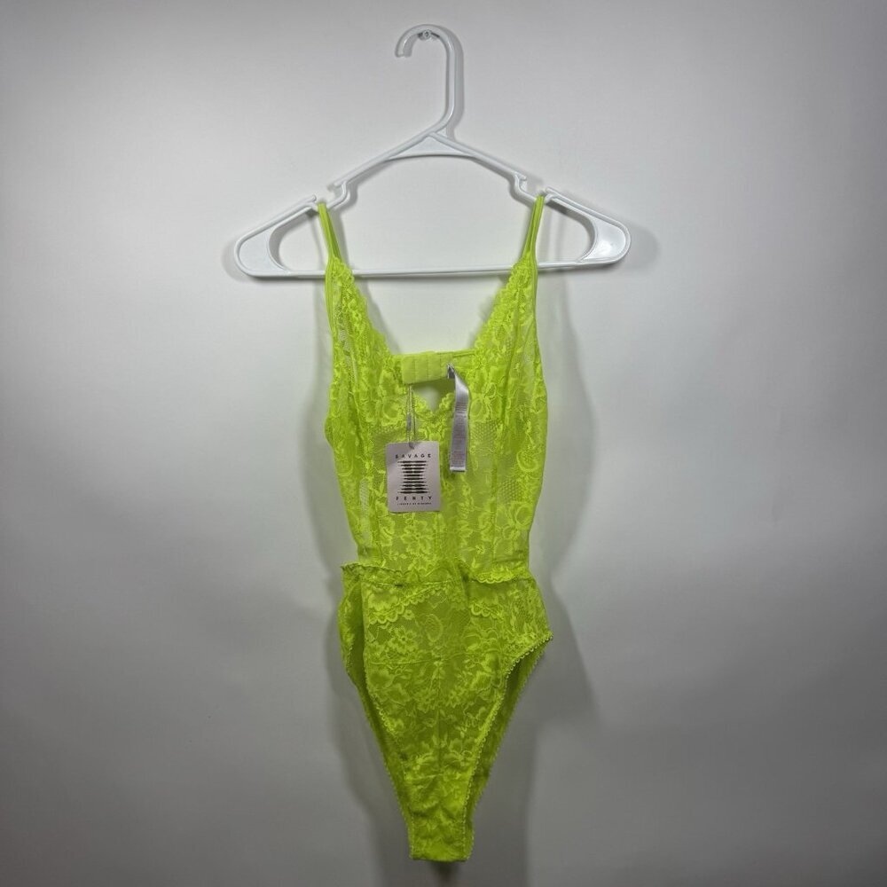 Savage X Fenty Floral Lace Teddy Acid Lime Cutout All over Stretch Lace Size XS